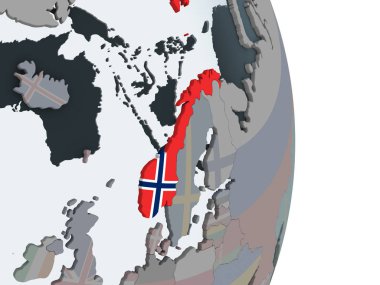 Norveç katıştırılmış bayrak ile siyasi dünya üzerinde. 3D çizim.