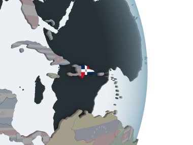 Dominik Cumhuriyeti katıştırılmış bayrak ile siyasi dünya üzerinde. 3D çizim.