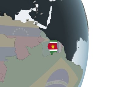 Surinam katıştırılmış bayrak ile siyasi dünya üzerinde. 3D çizim.