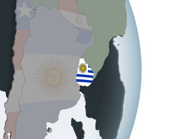 Uruguay katıştırılmış bayrak ile siyasi dünya üzerinde. 3D çizim.