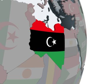 Libya katıştırılmış bayrak ile siyasi dünya üzerinde. 3D çizim.