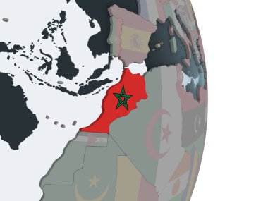 Fas katıştırılmış bayrak ile siyasi dünya üzerinde. 3D çizim.