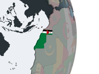 Batı Sahra katıştırılmış bayrak ile siyasi dünya üzerinde. 3D çizim.