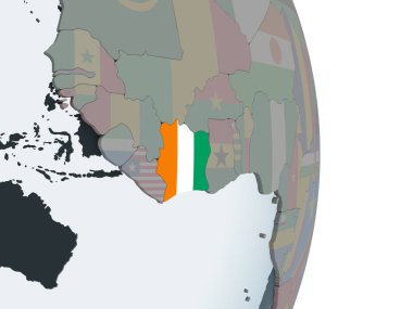 Fildişi Sahili katıştırılmış bayrak ile siyasi dünya üzerinde. 3D çizim.