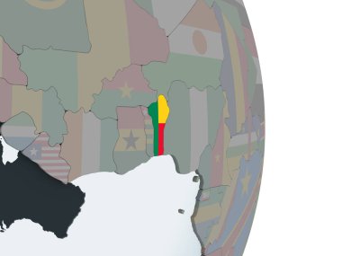 Benin katıştırılmış bayrak ile siyasi dünya üzerinde. 3D çizim.