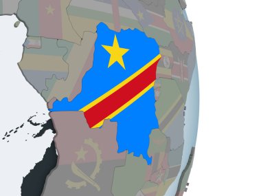 Demokratik Kongo Cumhuriyeti katıştırılmış bayrak ile siyasi dünya üzerinde. 3D çizim.