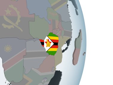 Zimbabve katıştırılmış bayrak ile siyasi dünya üzerinde. 3D çizim.