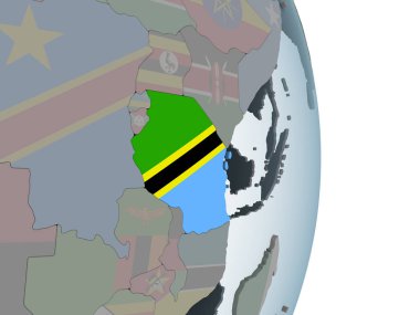 Tanzanya katıştırılmış bayrak ile siyasi dünya üzerinde. 3D çizim.