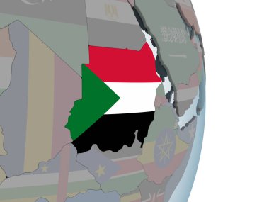 Sudan katıştırılmış bayrak ile siyasi dünya üzerinde. 3D çizim.