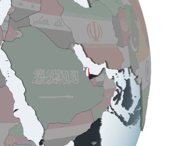 Katar katıştırılmış bayrak ile siyasi dünya üzerinde. 3D çizim.