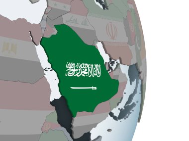 Suudi Arabistan katıştırılmış bayrak ile siyasi dünya üzerinde. 3D çizim.