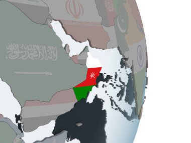 Umman katıştırılmış bayrak ile siyasi dünya üzerinde. 3D çizim.