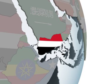 Yemen katıştırılmış bayrak ile siyasi dünya üzerinde. 3D çizim.