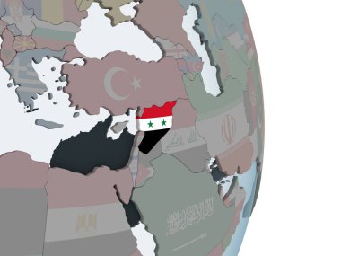 Suriye katıştırılmış bayrak ile siyasi dünya üzerinde. 3D çizim.