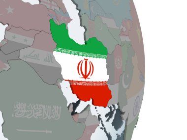 Iran katıştırılmış bayrak ile siyasi dünya üzerinde. 3D çizim.