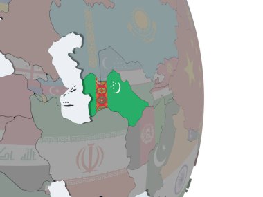 Türkmenistan katıştırılmış bayrak ile siyasi dünya üzerinde. 3D çizim.