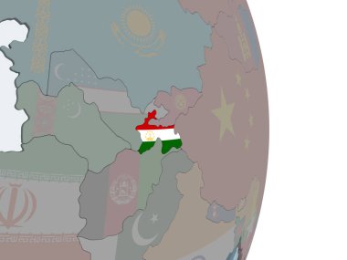 Tacikistan katıştırılmış bayrak ile siyasi dünya üzerinde. 3D çizim.