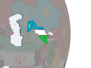Özbekistan katıştırılmış bayrak ile siyasi dünya üzerinde. 3D çizim.