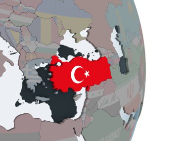 Türkiye katıştırılmış bayrak ile siyasi dünya üzerinde. 3D çizim.