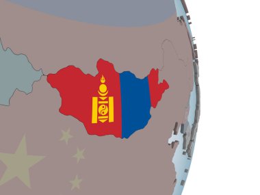 Moğolistan katıştırılmış bayrak ile siyasi dünya üzerinde. 3D çizim.