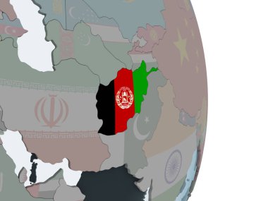 Afganistan katıştırılmış bayrak ile siyasi dünya üzerinde. 3D çizim.