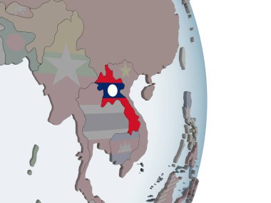 Laos katıştırılmış bayrak ile siyasi dünya üzerinde. 3D çizim.