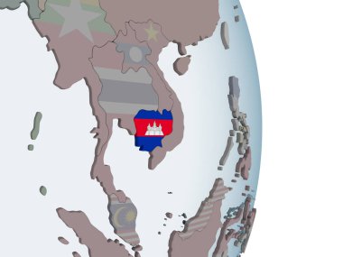 Kamboçya katıştırılmış bayrak ile siyasi dünya üzerinde. 3D çizim.