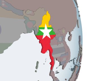 Myanmar katıştırılmış bayrak ile siyasi dünya üzerinde. 3D çizim.