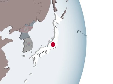 Japonya ile siyasi dünya üzerinde bayrak gömülü. 3D çizim.