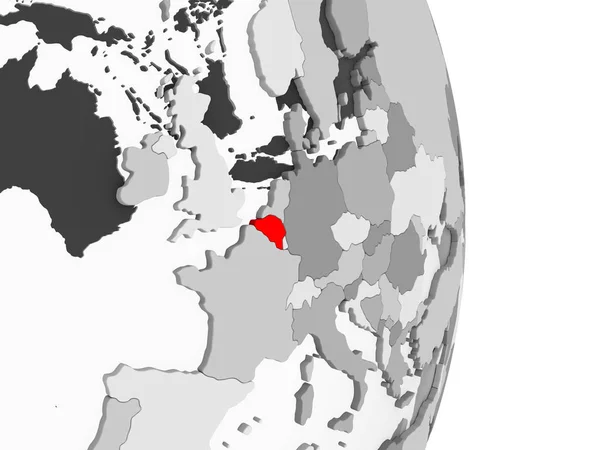 比利时以红色在灰色的政治地球上突出显示了透明的海洋 — 图库照片