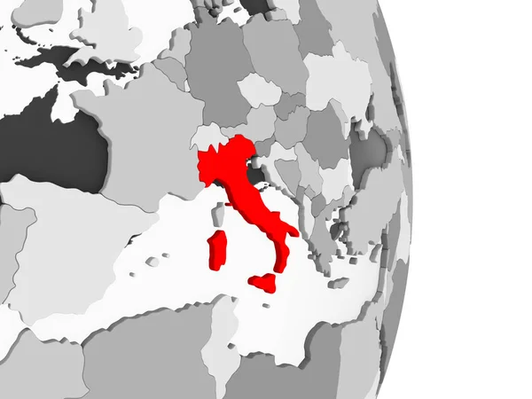 意大利以红色在灰色的政治地球上突出显示了透明的海洋 — 图库照片