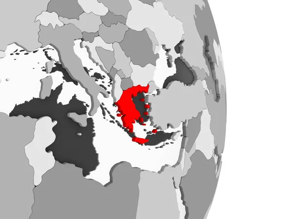 ギリシャは 透明な海と灰色の政治世界の赤で強調表示されます イラストレーション — ストック写真