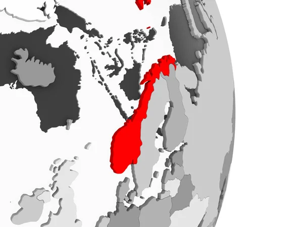 ノルウェーは 透明な海と灰色の政治世界の赤で強調表示されます イラストレーション — ストック写真