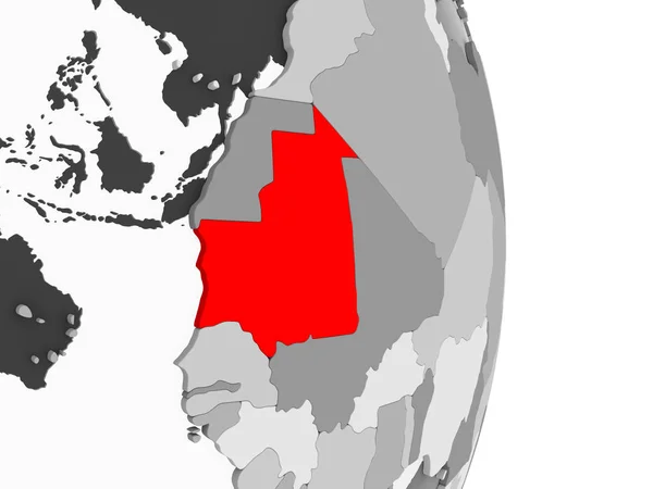 モーリタニアは 透明な海と灰色の政治世界の赤で強調表示されます イラストレーション — ストック写真