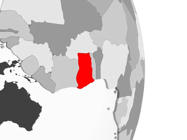 加纳以红色在灰色的政治地球上突出显示了透明的海洋 — 图库照片