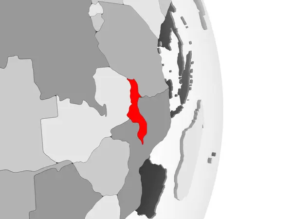 马拉维以红色在灰色的政治地球上突出显示了透明的海洋 — 图库照片