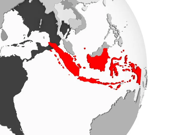 Indonesië Gemarkeerd Het Rood Grijs Politieke Wereldbol Met Transparante Oceanen — Stockfoto