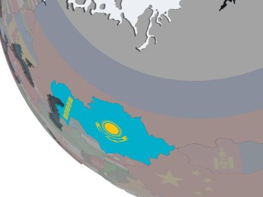 Kazakistan katıştırılmış bayrak ile siyasi dünya üzerinde. 3D çizim.