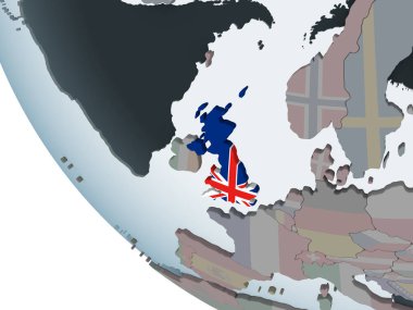 Katıştırılmış bayrak ile siyasi dünya üzerinde İngiltere. 3D çizim.