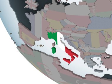 İtalya katıştırılmış bayrak ile siyasi dünya üzerinde. 3D çizim.