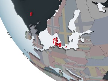 Danimarka katıştırılmış bayrak ile siyasi dünya üzerinde. 3D çizim.