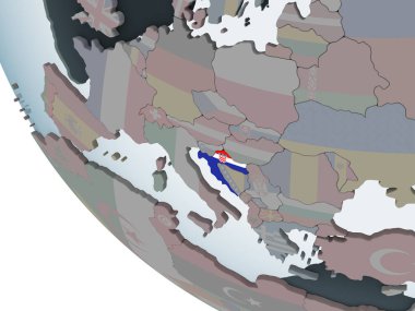 Hırvatistan katıştırılmış bayrak ile siyasi dünya üzerinde. 3D çizim.