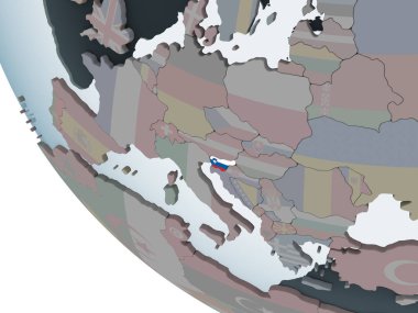 Slovenya katıştırılmış bayrak ile siyasi dünya üzerinde. 3D çizim.