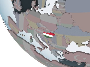 Macaristan katıştırılmış bayrak ile siyasi dünya üzerinde. 3D çizim.