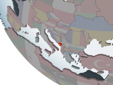 Karadağ katıştırılmış bayrak ile siyasi dünya üzerinde. 3D çizim.