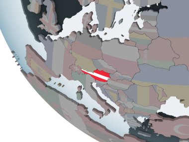 Avusturya katıştırılmış bayrak ile siyasi dünya üzerinde. 3D çizim.