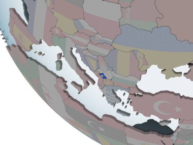 Kosova katıştırılmış bayrak ile siyasi dünya üzerinde. 3D çizim.