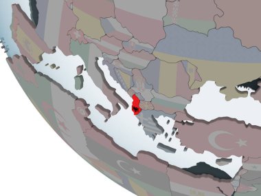 Arnavutluk katıştırılmış bayrak ile siyasi dünya üzerinde. 3D çizim.