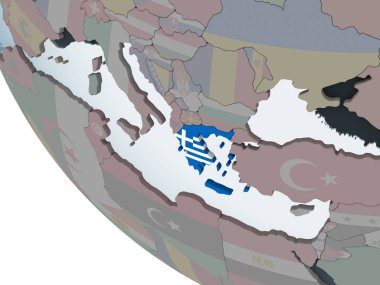 Yunanistan katıştırılmış bayrak ile siyasi dünya üzerinde. 3D çizim.