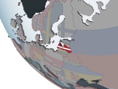 Letonya katıştırılmış bayrak ile siyasi dünya üzerinde. 3D çizim.